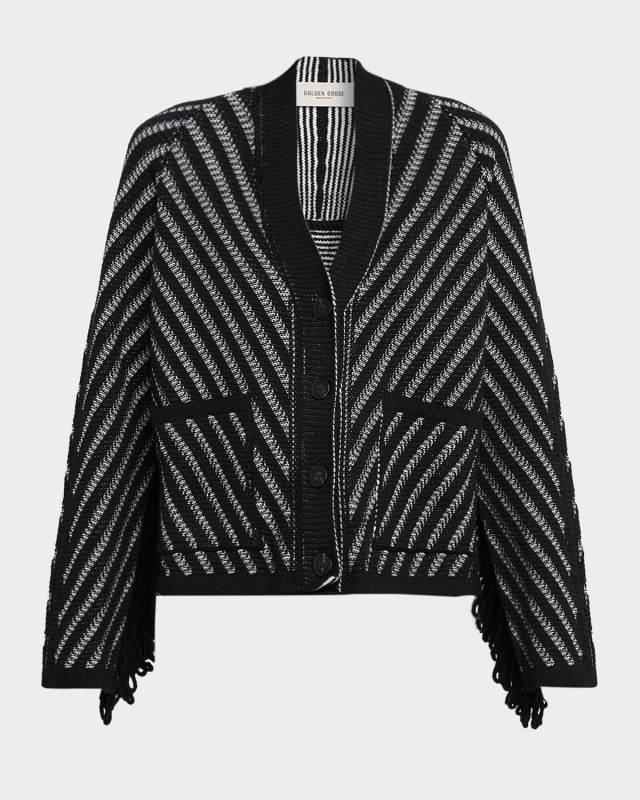 Journey Olidia Herringbone Jacquard Fringe-Trim Cardigan